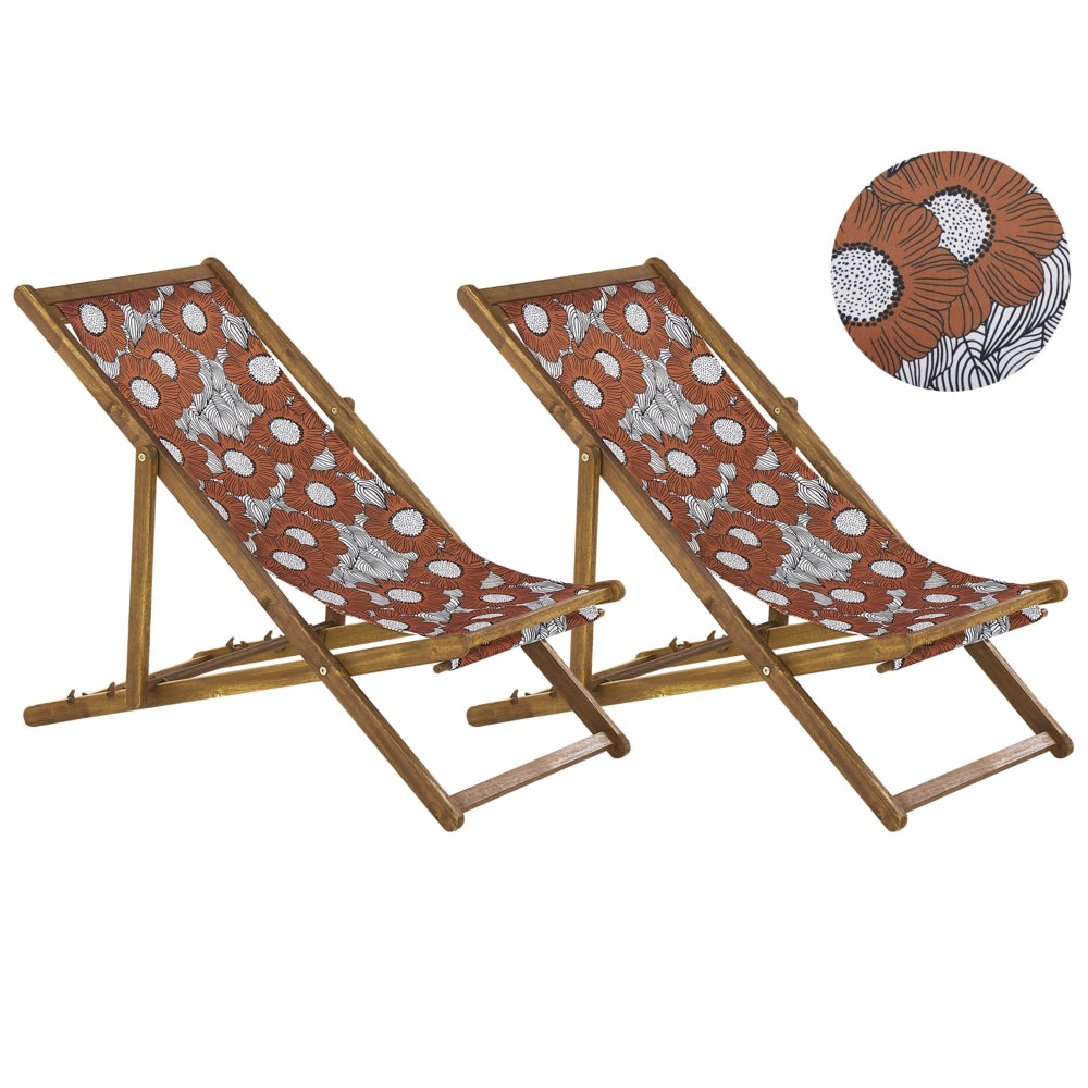 Set di 2 sedie a sdraio da giardino con struttura in legno di acacia chiaro motivo papaveri in tessuto amaca sedile reclinabile