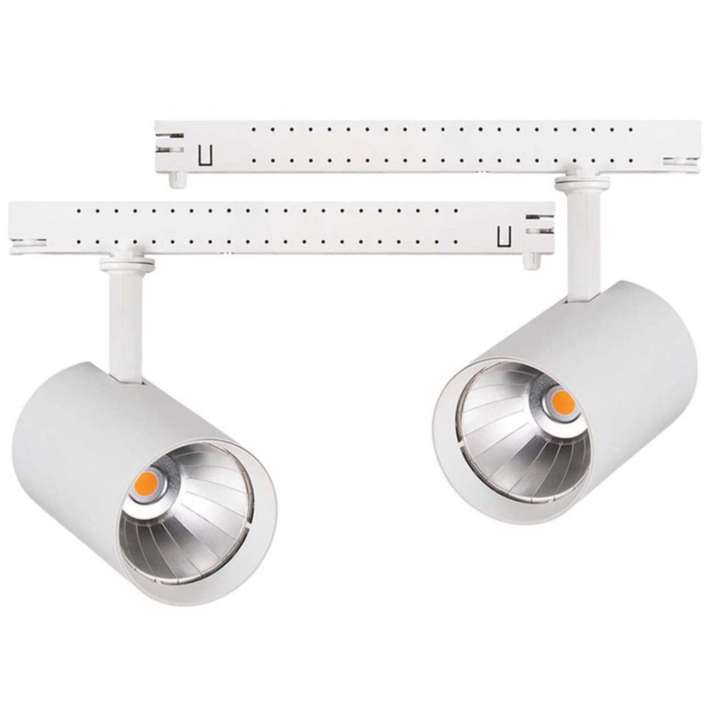 2 Kit Fari LED Binario Trifase 30W 4000LM, Corpo Bianco Luce 4000K, CRI>90 UGR<19 Angolo 120°, D85X128mm, Driver Alimentatore a Scomparsa Lunga 289mm CB58130WN