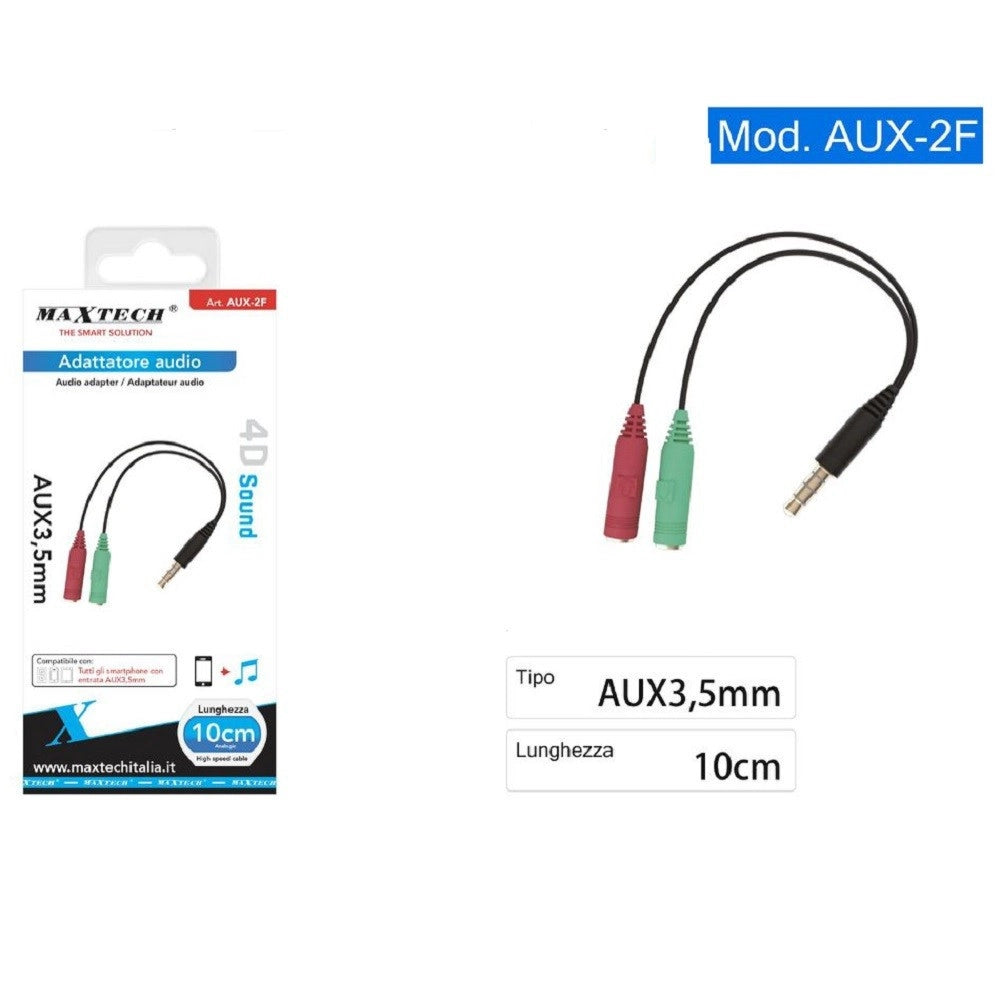Trade Shop - Adattatore Cavo Aux 3.5mm Maschio A 2x Aux Microfono Femmina Audio Maxtech Aux-2f -