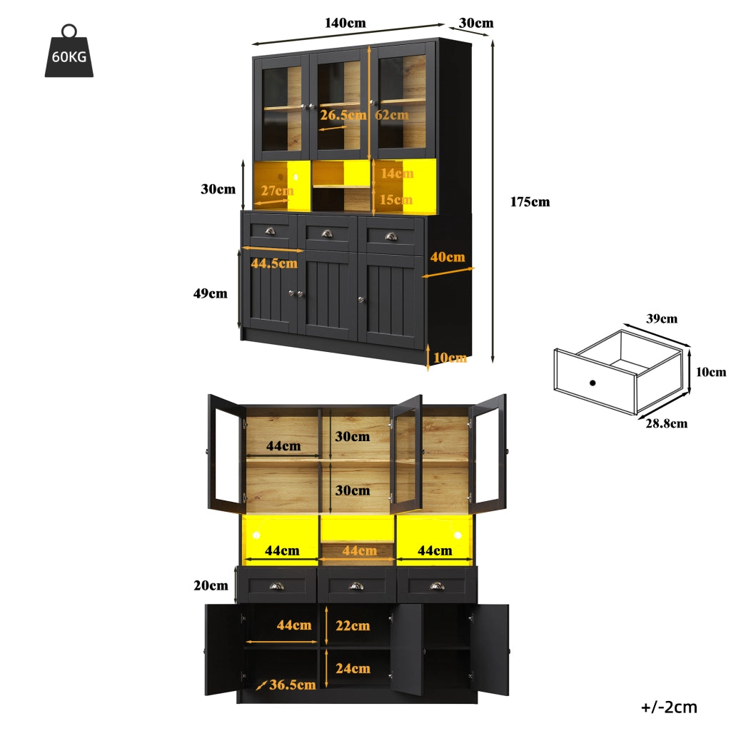 Credenza alta vetrata con LED; 3 cassetti; 6 ante e ripiani regolabili per cucina; 140 × 40 × 175 cm