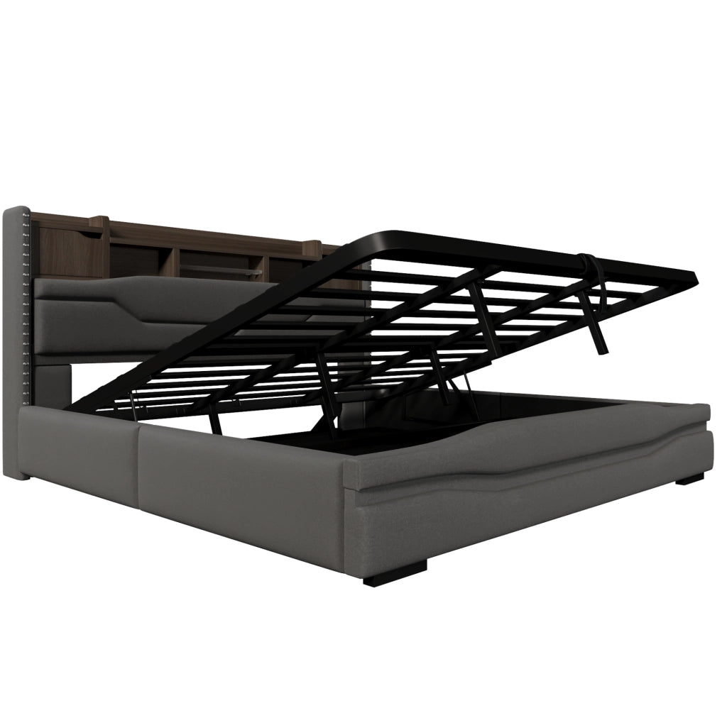 Letto imbottito ULEVR 180x200 cm con contenitore idraulico, LED, prese USB e Type-C, grigio