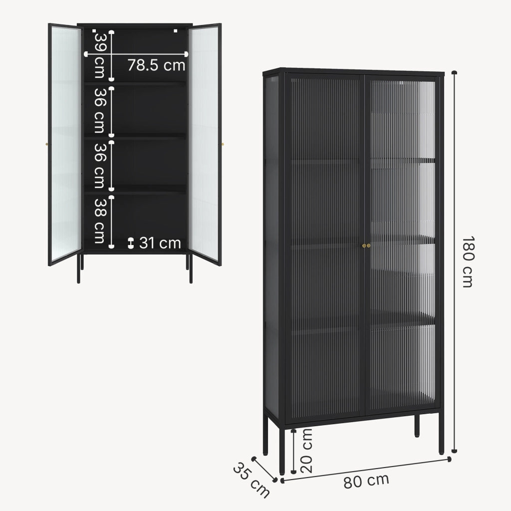 Mobile Vetrina Vinterhavn con Ante in Vetro e Ripiani 180 x 80 x 35 cm - Nero [en.casa]