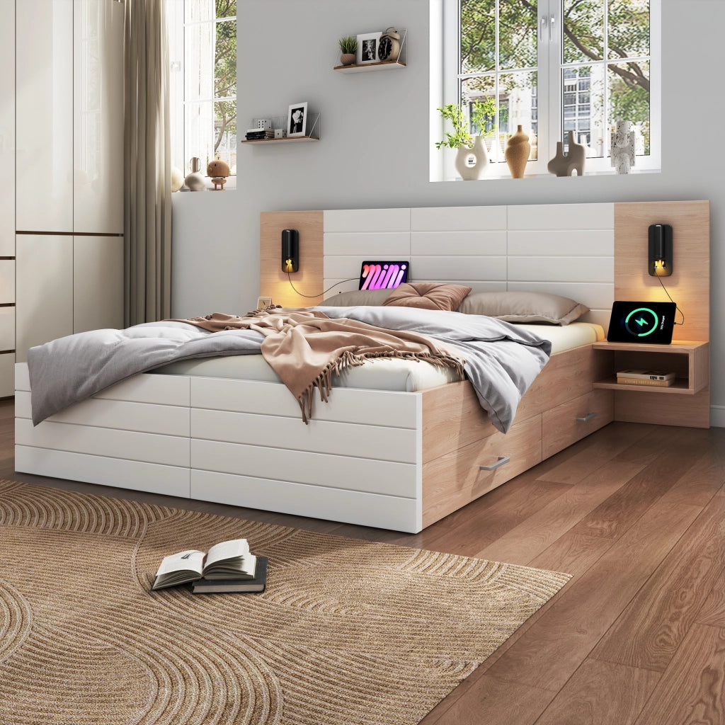 OKWISH Letto Matrimoniale con 2 Comodini, 2 Cassetti, Testiera con Lampada da Lettura Girevole e USB, Legno Massello e MDF, Bianco