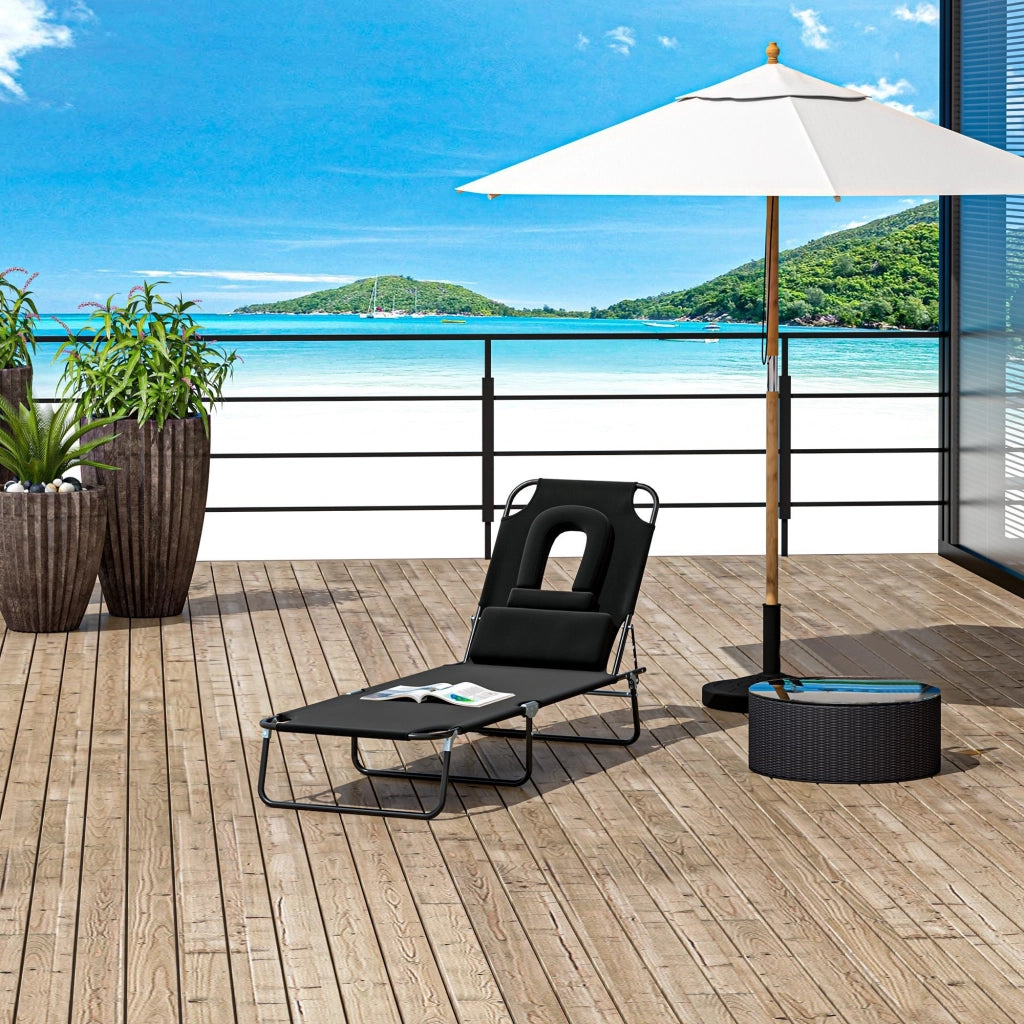 Easycomfort Sdraio Pieghevole Reclinabile su 4 Livelli con Foro per Lettura e Cuscino in Tessuto Oxford e Acciaio, 187x58x36 cm, Nero