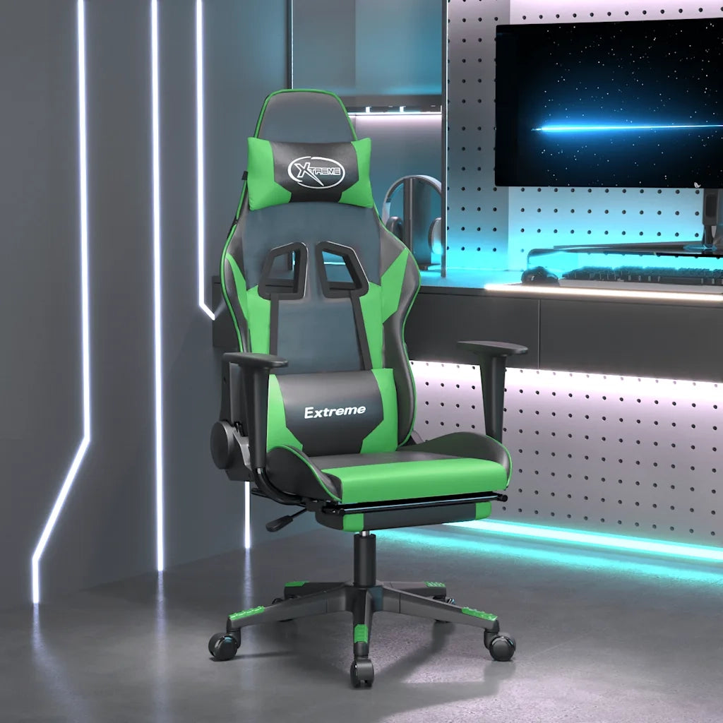 Sedia da Gaming | Sedia da e-sports Massaggio Poggiapiedi Nero e Verde Similpelle
