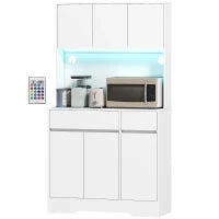 Mobile Buffet Cucina Alto con Luce LED RGB, Piano di Lavoro, 6 Porte, 2 Cassetti, Bianco