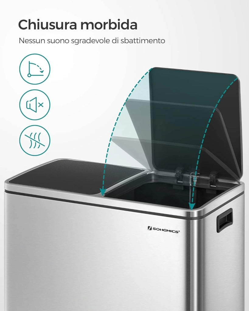 SONGMICS Pattumiera a 2 Scomparti, con 2 x 30L Secchi Interni per Spazzatura Differenziata, 15 Sacchi della Spazzatura, Pedali e Coperchi a Cerniera, Chiusura Morbida, Argento e Nero LTB60NL