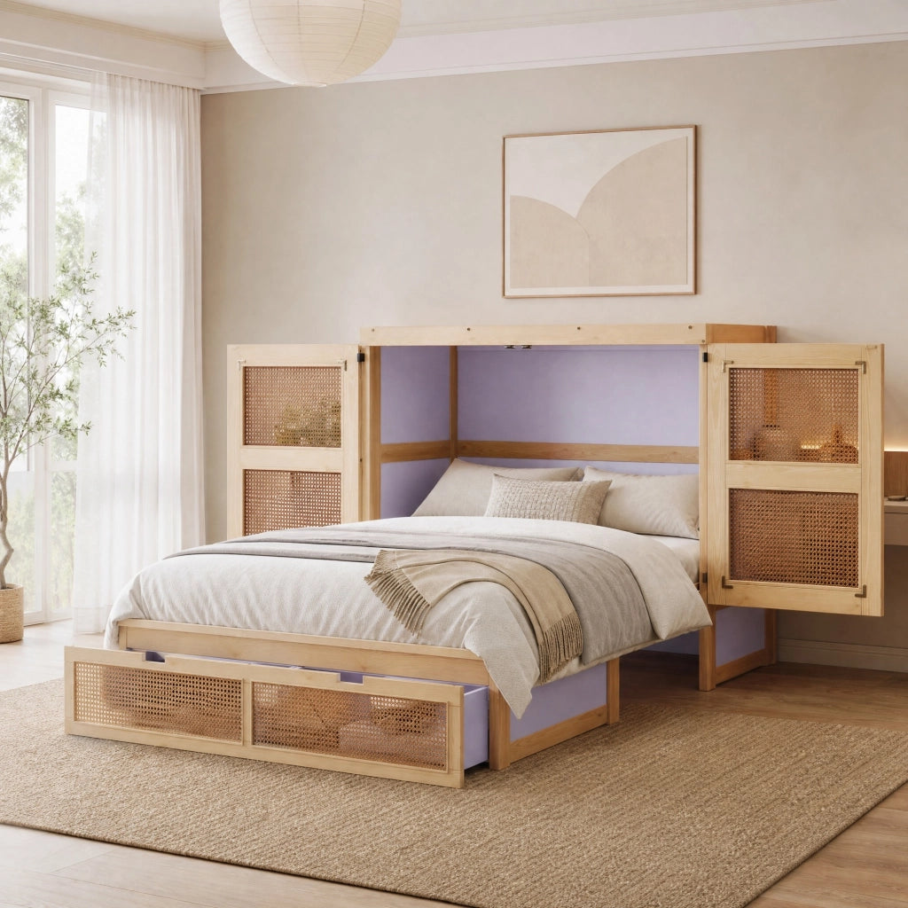 Letto a scomparsa verticale 140x200 cm in legno colore naturale con cassetti e design rattan
