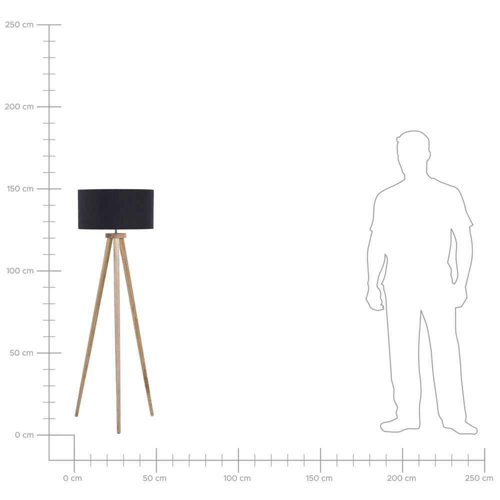 Lampada da Terra Nera con Struttura in Legno Chiaro 140 cm Paralume in Tessuto Treppiede per Tamburo Design Moderno