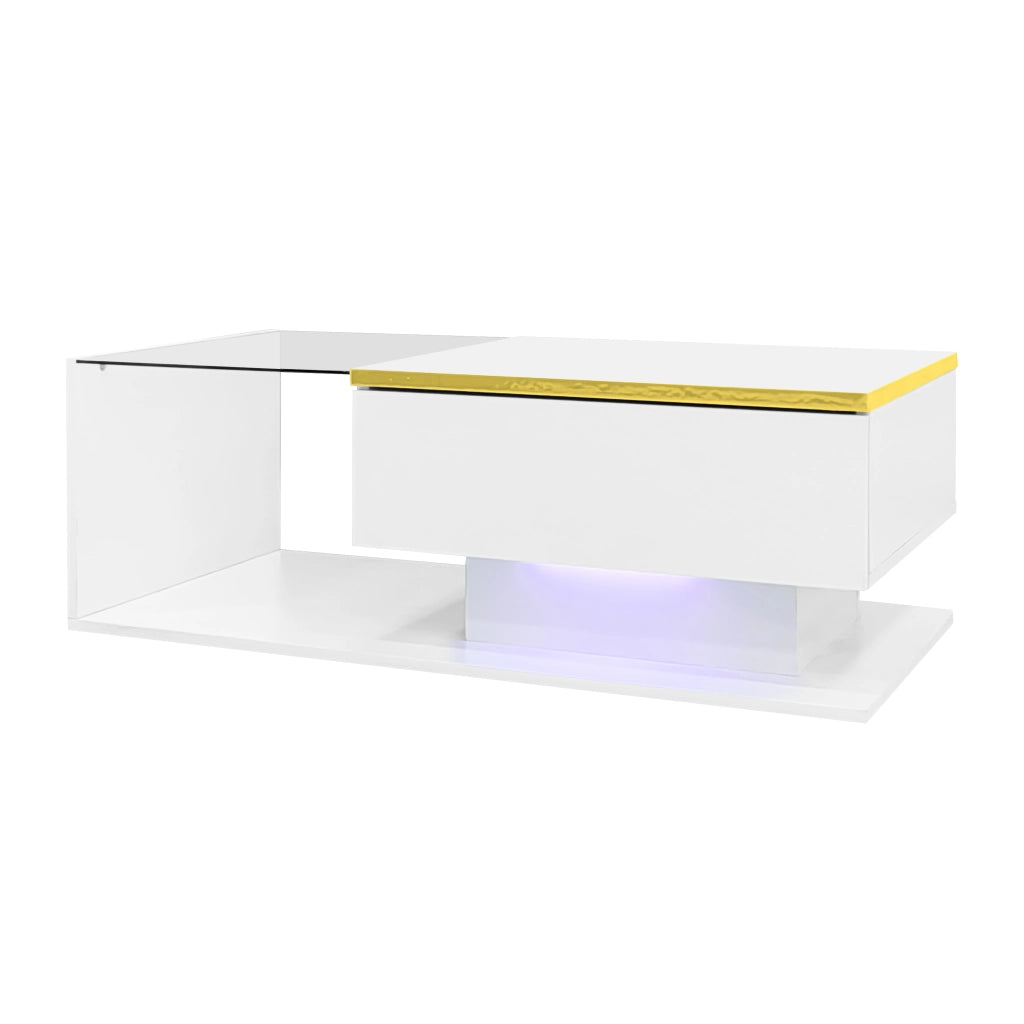 Tavolino da caff¨¨ 90 x 50 cm in bianco lucido con piano in vetro e LED