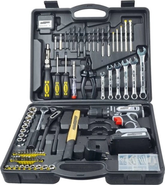 Set di attrezzi portatile da 75 pezzi incluso trapano | Cassetto di attrezzi – Attrezzi da mano – Leggero – Scatola in alluminio – Supporto portatile – Scatola con due chiusure