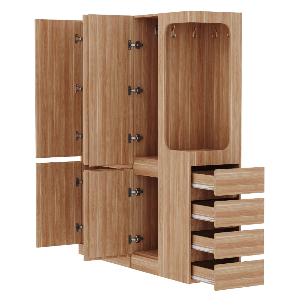 Armadio con 3 ante e 4 cassetti, area appendiabiti aperta e 3 vani contenitore, in legno, naturale 140 × 40 × 170 cm
