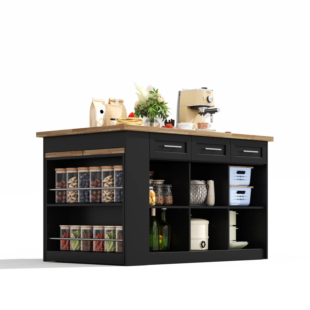 Isola da Cucina 150/246x90x90 cm Nera e Legno Naturale con Tavolo Estraibile 96 cm; 6 Cassetti e Ripiani