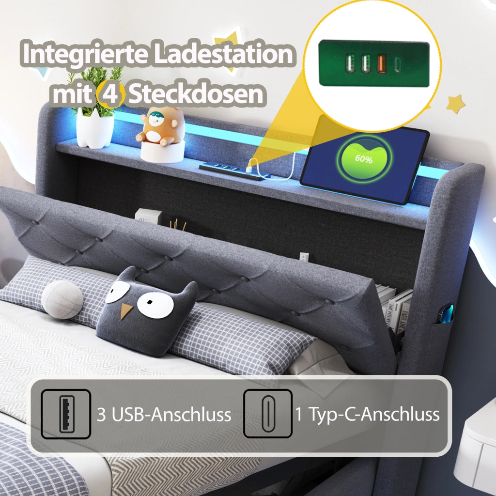 OKWISH Letto Bambino 90×200 cm, Letto Singolo con Contenitore Idraulico, USB, Tipo C, LED e Tasche, senza Materasso, Grigio