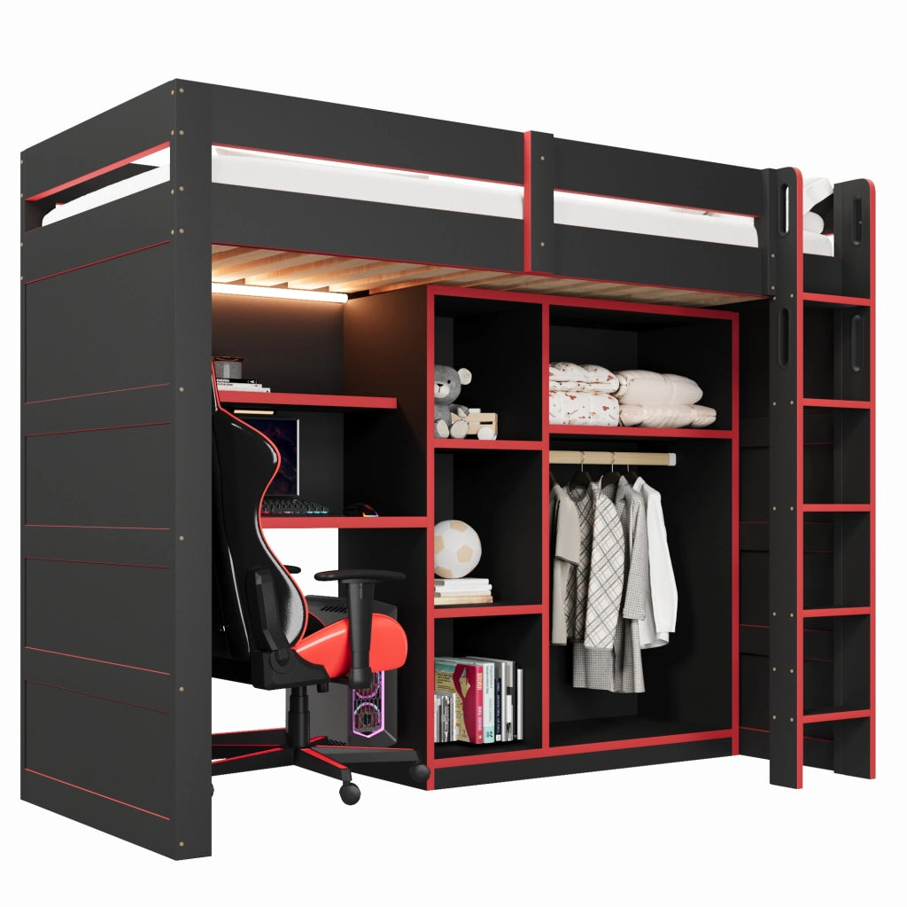 Letto a castello gaming in legno 90x200 cm con scrivania, armadio, LED e porta USB, nero e rosso
