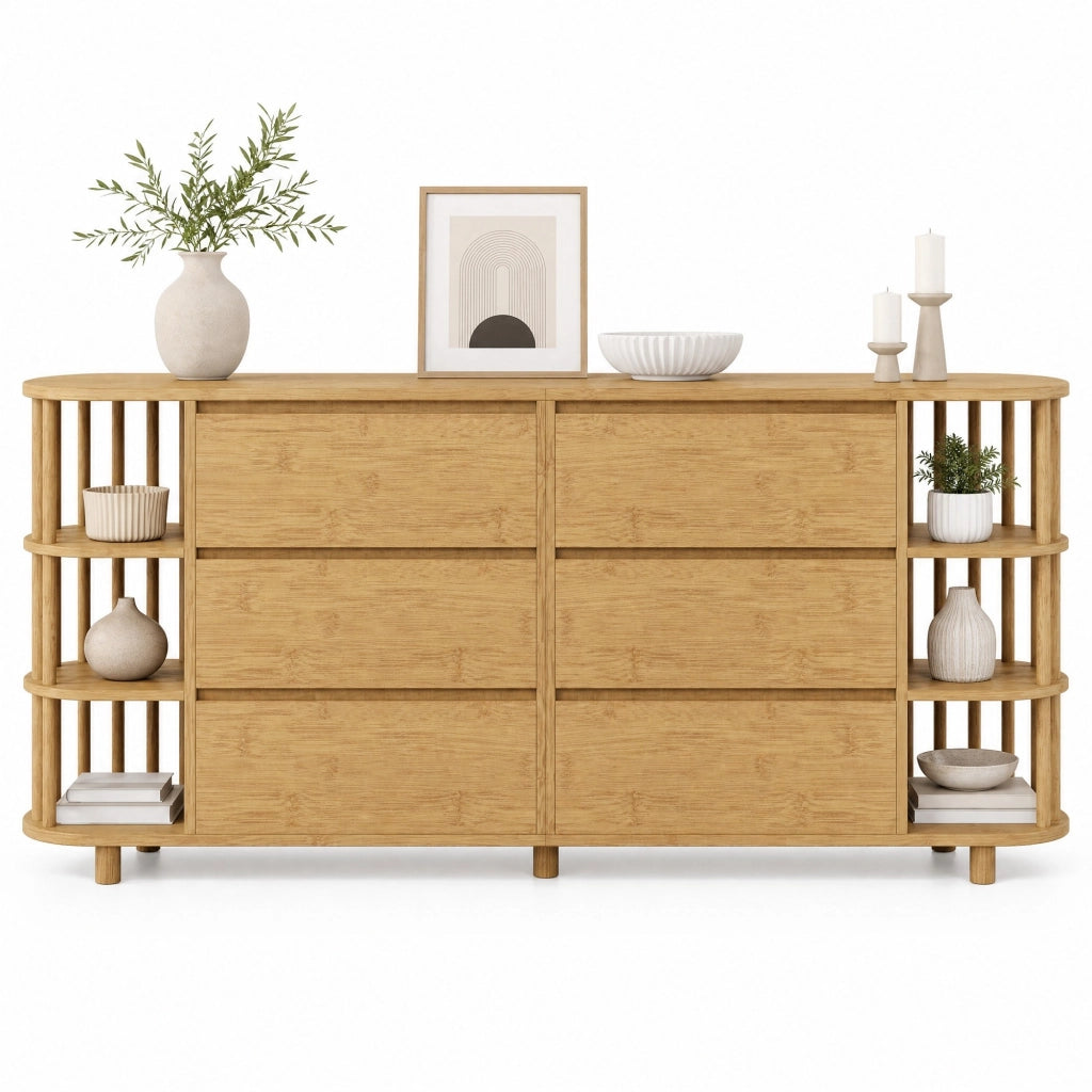 Credenza con 6 cassetti e ripiani in bambù 160x40x75 cm; finitura rovere