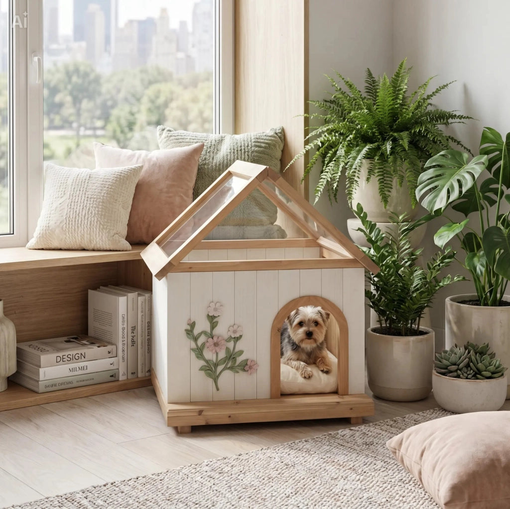 Casetta per gatti e cani di piccola taglia in legno con tetto in acrilico 60x55x80 cm; bianco