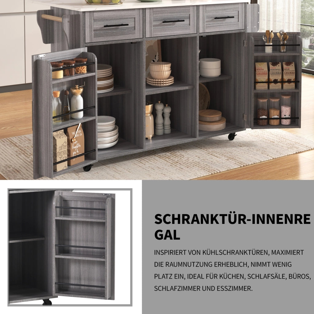 OKWISH Carrello da cucina con 3 cassetti e 3 ante, piano ribaltabile e portasalviette, MDF, 139 x 46 x 91.5 cm