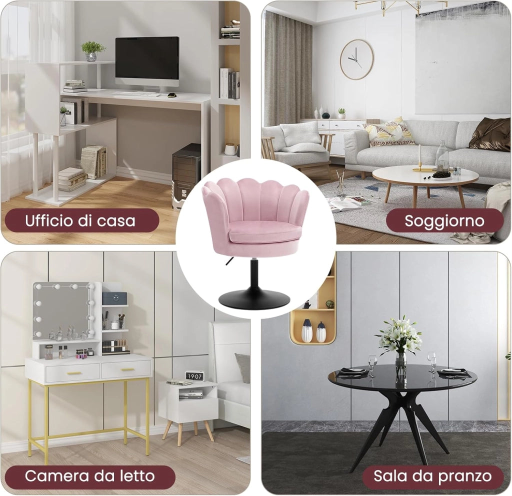 Sedia da Trucco, Sgabello Cucina, Poltrona con Seduta a Forma di Fiore, Girevole a 360°, Sedia in Velluto per Camera da Letto, Soggiorno, Altezza Regolabile 43-55 cm, Rosa