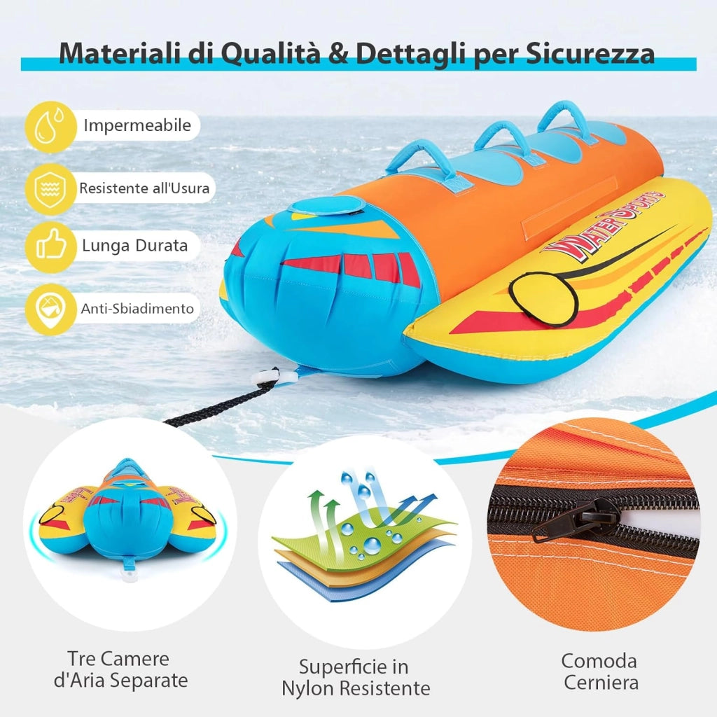 Gommone a Banana Gonfiabile per 3 Persone, Tubo Trainabile per Sport Acquatici e Nautici, Gommone a Banana da Recreazione Acquatica, Carico Massimo 231 kg