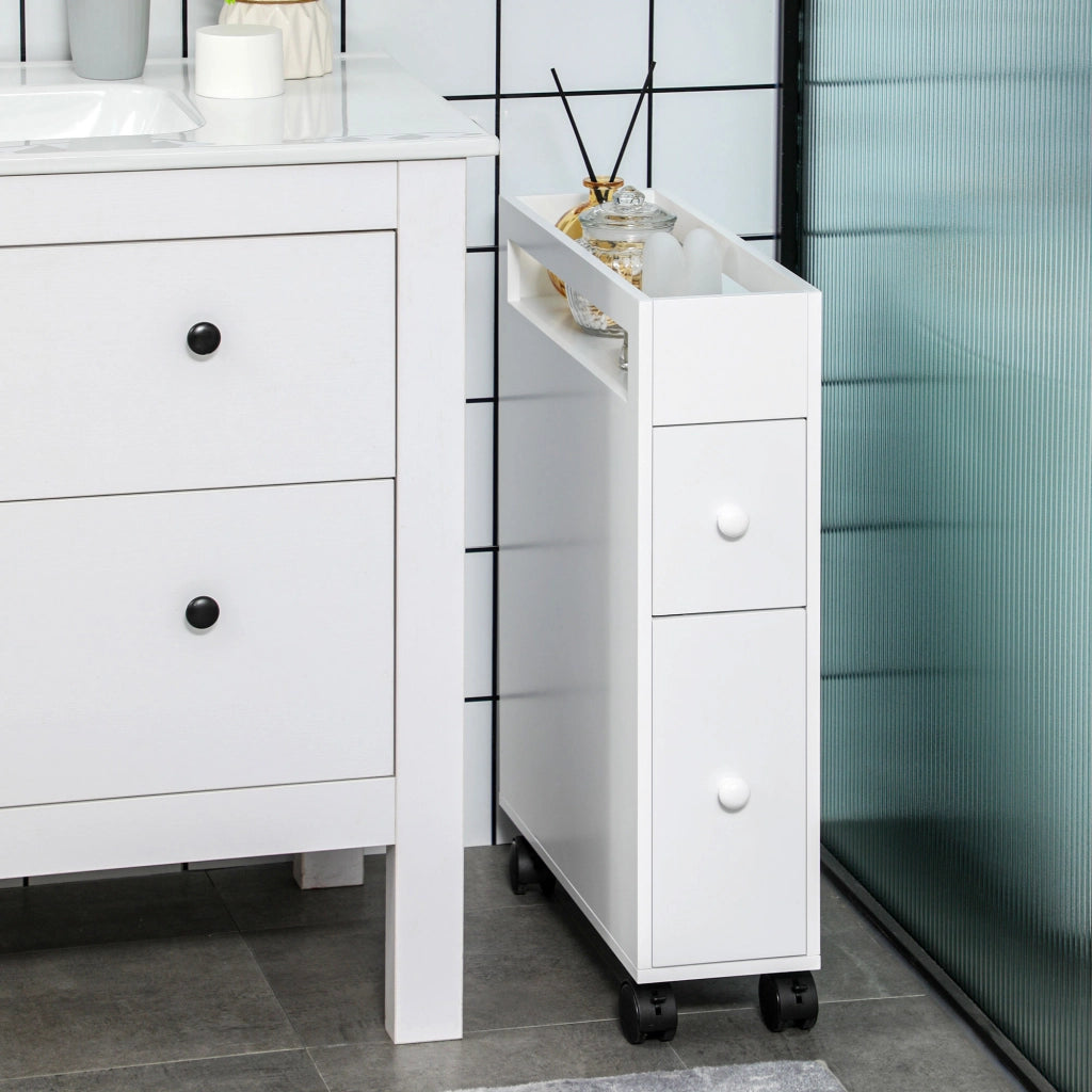 Armadietto da bagno con 2 cassetti, vano aperto, ruote e freni, per spazi piccoli, bianco, 16 × 49,5 × 66 cm