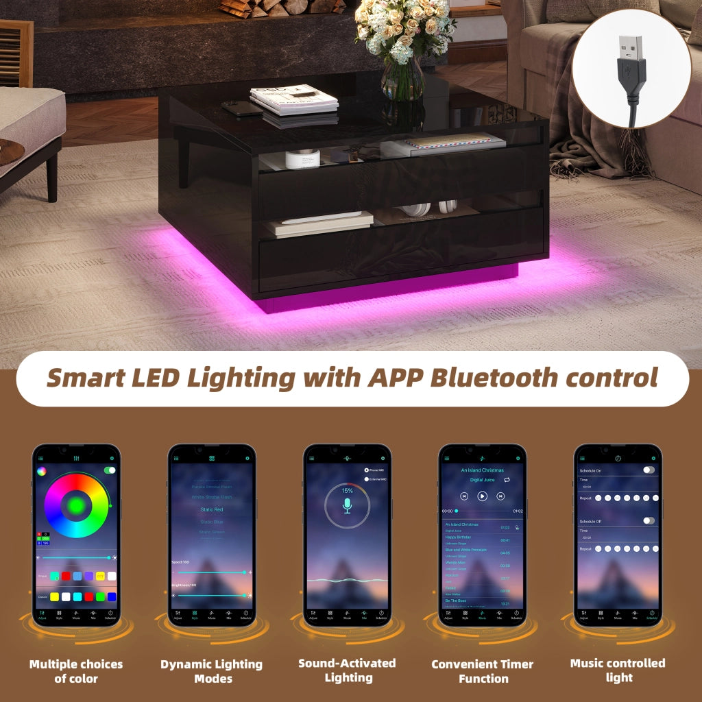 Tavolino da caffè con piano alzabile; cassetto e LED - per soggiorno - 70 x 70 x 38 cm - nero
