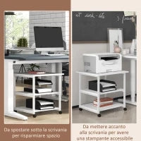 Carrello Porta Stampante a 3 Ripiani con 4 Ruote, Legno e Acciaio, 50x50x52.5cm, Bianco
