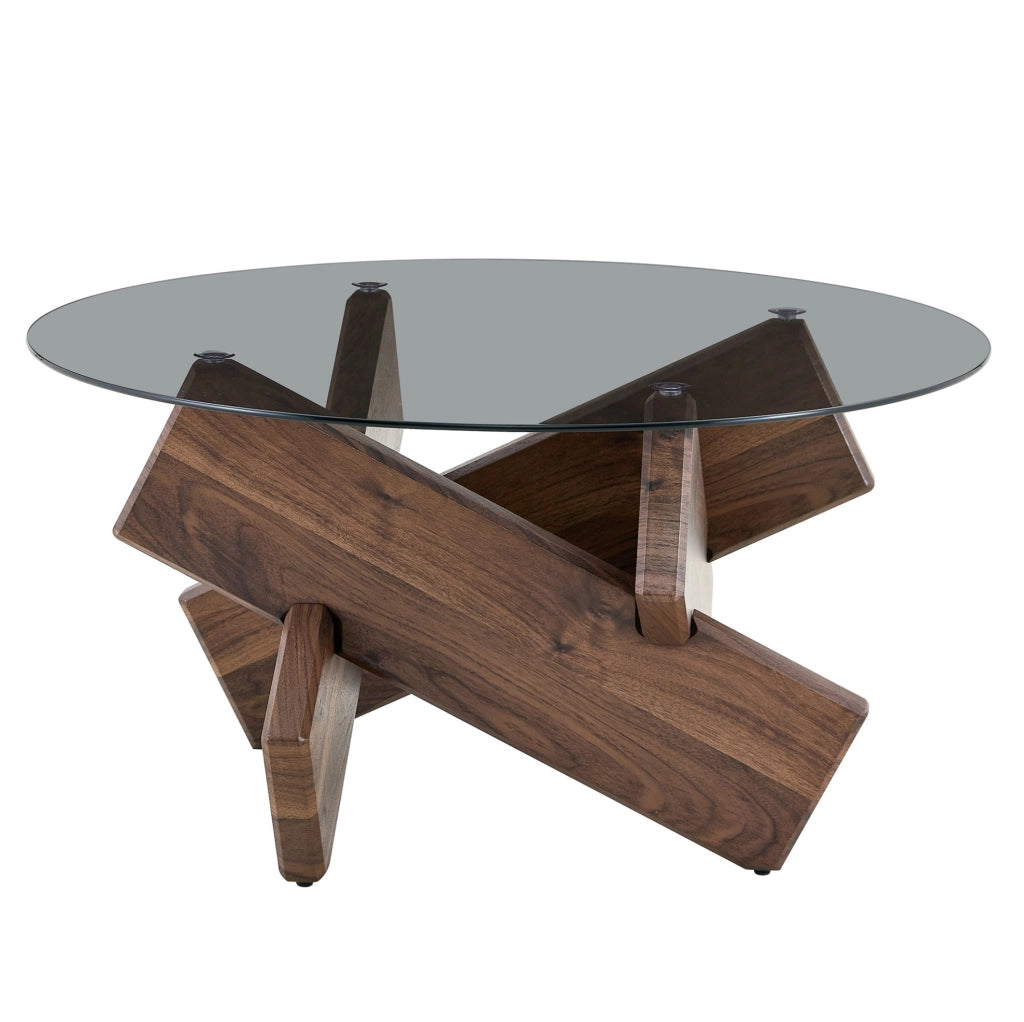 Tavolino da caffè rotondo 88.5x88.5x12.5 cm con piano in vetro temperato; MDF e vetro noce