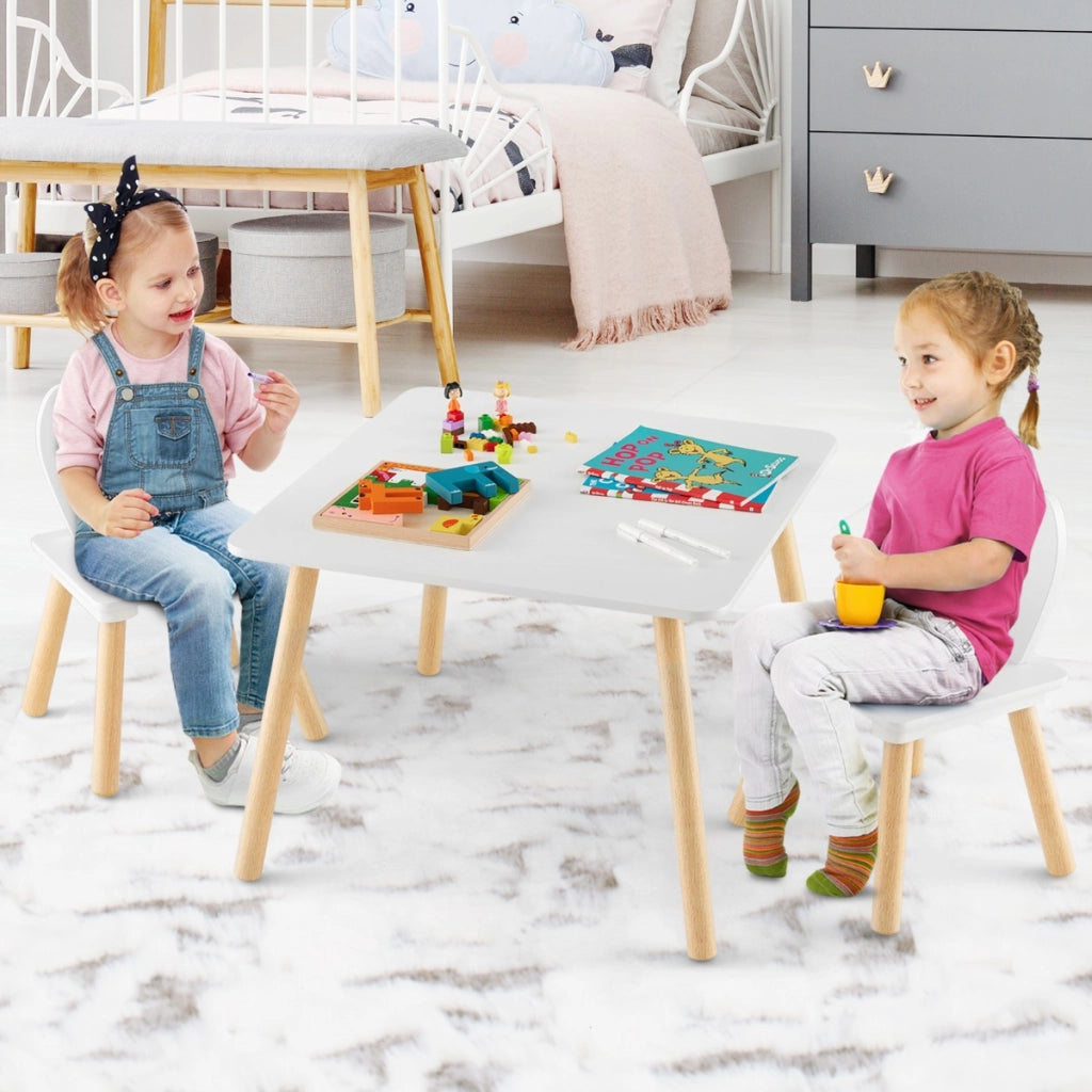 Set tavolo sedie per bambini 3 pezzi per arte, Tavolo e 2 sedie a coniglio gambe in legno massiccio Bianco-Tavoli e sedie