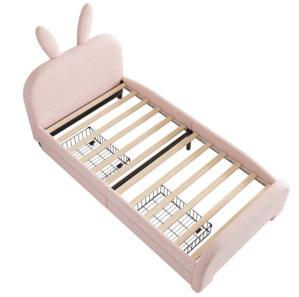 Letto singolo ULEVR 90x200 cm a forma di coniglio con testiera imbottita e 2 cassetti, rosa