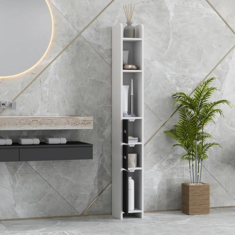 COLONNA BAGNO CON 3 MENSOLE E 3 ARMADIETTI, IN LEGNO, 15X17X120 CM, BIANCO E NERO