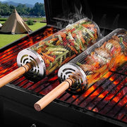 Set di griglia rotante - 2 pezzi - con manico in legno - accessori BBQ - campeggio - grigliare all'aperto - verdure - patatine - carne - pesce