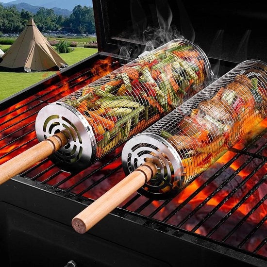 Set di griglia rotante - 2 pezzi - con manico in legno - accessori BBQ - campeggio - grigliare all'aperto - verdure - patatine - carne - pesce