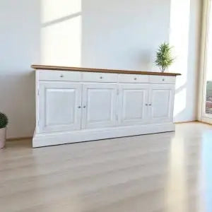 Credenza madia Alberta in legno 4 ante bugnate bianco anticato e noce Bassano con zoccolo chiuso
