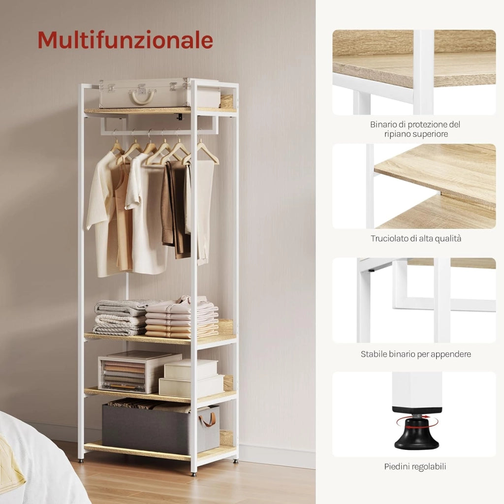 Stand Appendiabiti con Ripiani Attaccapanni per Cameretta Guardaroba con Scarpiera Scaffale Porta Abiti in Legno e Acciaio 60x40x170 cm