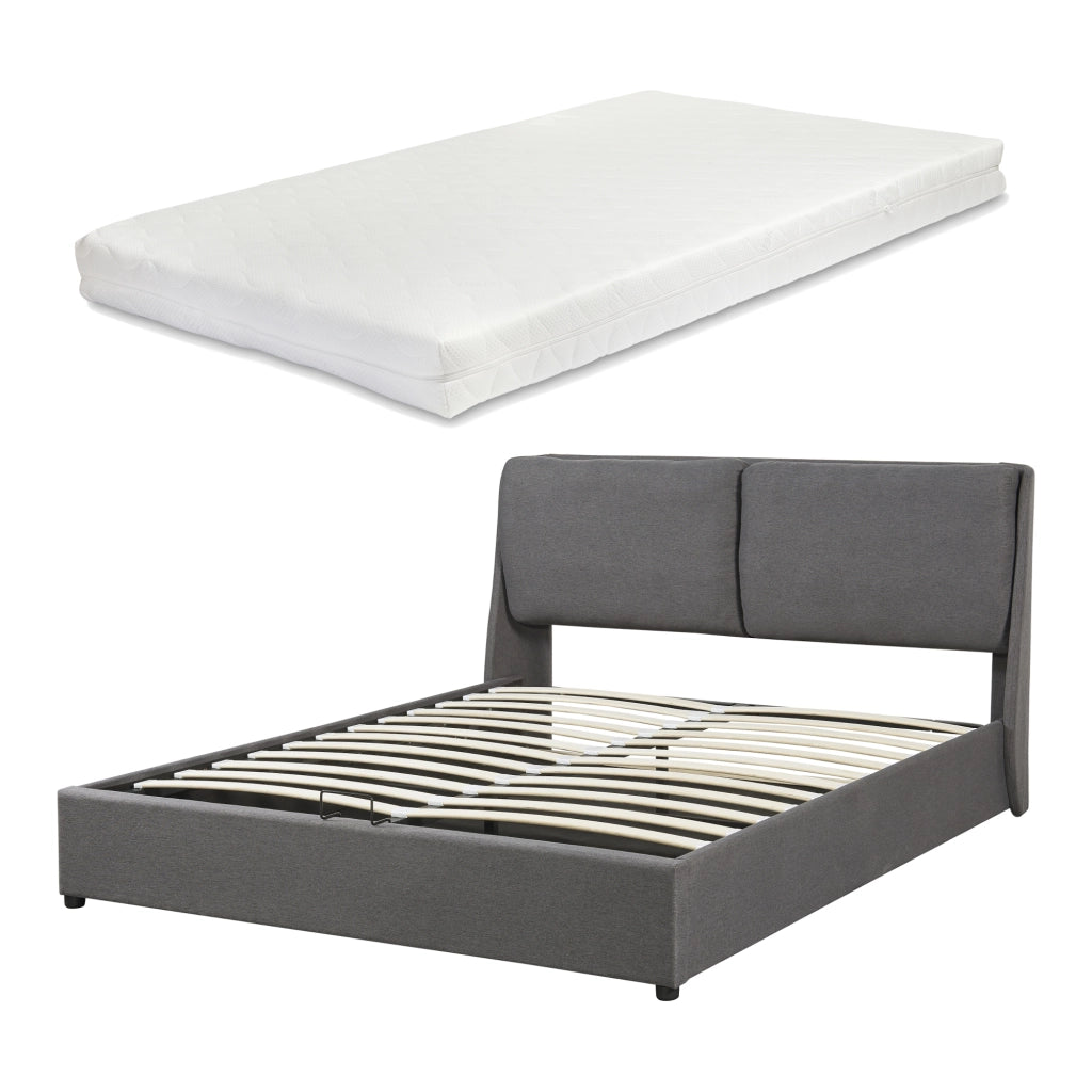 Letto Matrimoniale Lunner con Contenitore Testiera Imbottita e Materasso 160 x 200 cm - Grigio Scuro [en.casa]