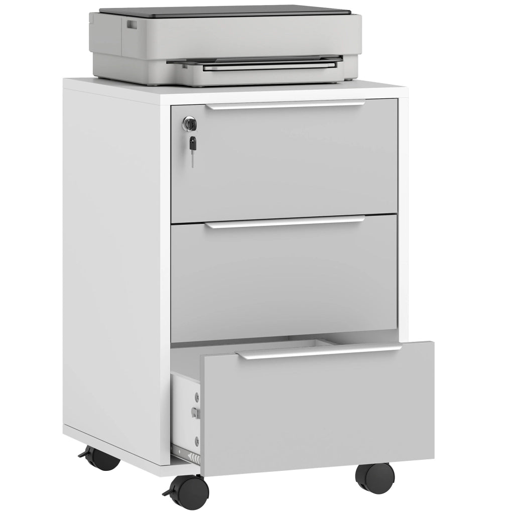 Cassettiera per Ufficio a 3 Cassetti con Chiave e Ruote ¨C Zephmum ¨C Legno, Bianco e Grigio, 40x40x63.5 cm