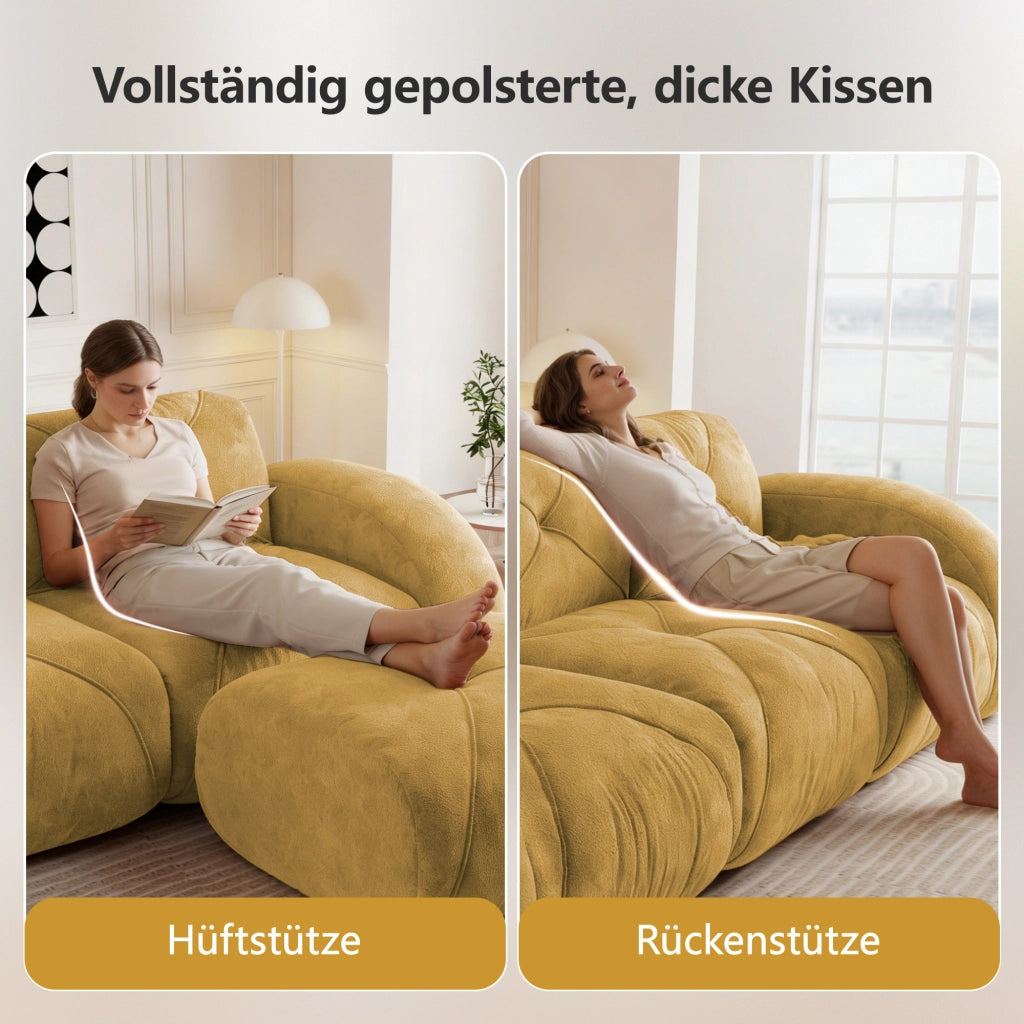 Divano modulare a U senza montaggio con 2 pouf in chenille gialla per soggiorno e relax 281 × 171 × 76 cm