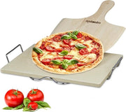 Set di pietra per pizza 15 cm di spessore con supporto metallico - Spatola di legno per pizza - Per forno - Forma rettangolare - Pietra di cordero naturale