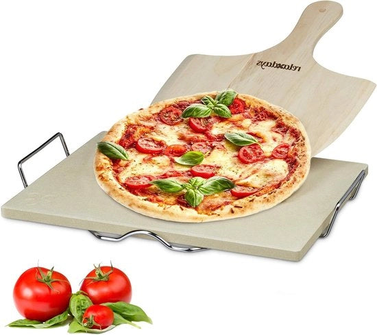 Set di pietra per pizza 15 cm di spessore con supporto metallico - Spatola di legno per pizza - Per forno - Forma rettangolare - Pietra di cordero naturale
