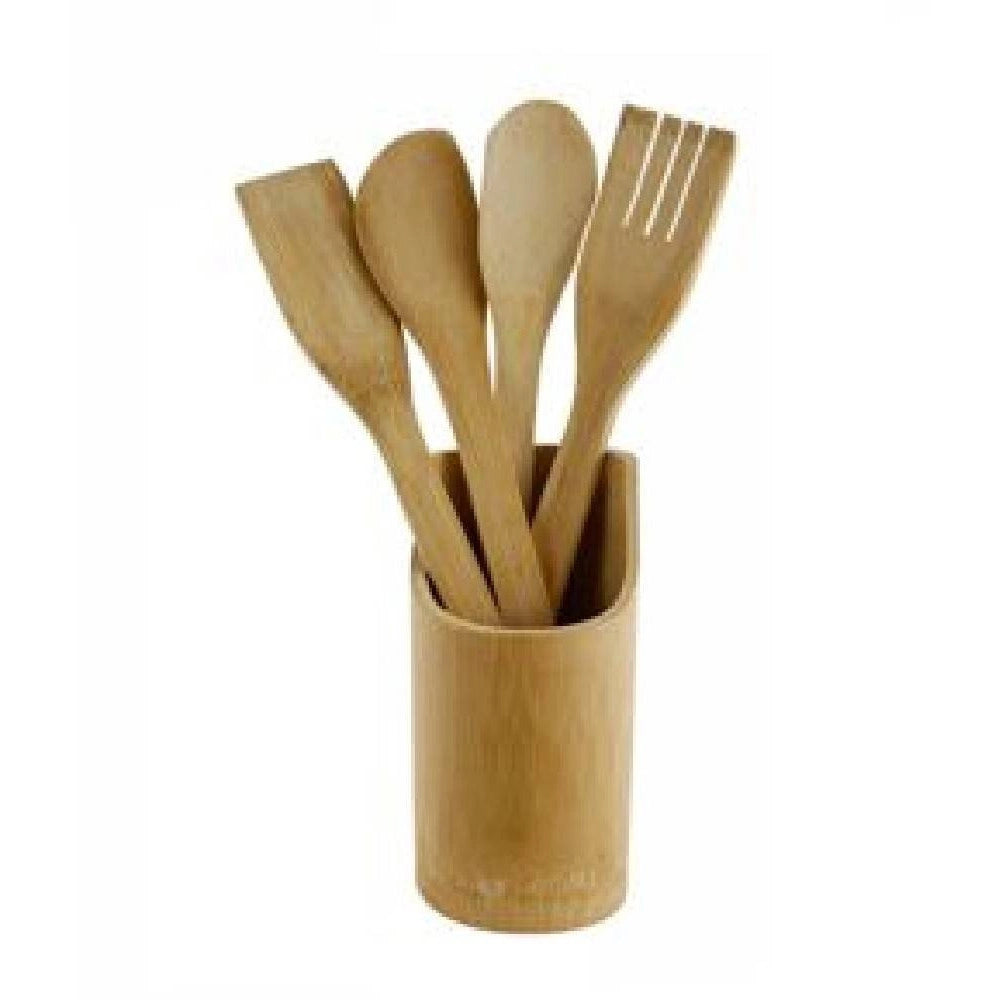 Trade Shop - Set 5 Pezzi Cucina Posate In Legno Cucinare Spatola Cucchiaio Forchetta 67374 -