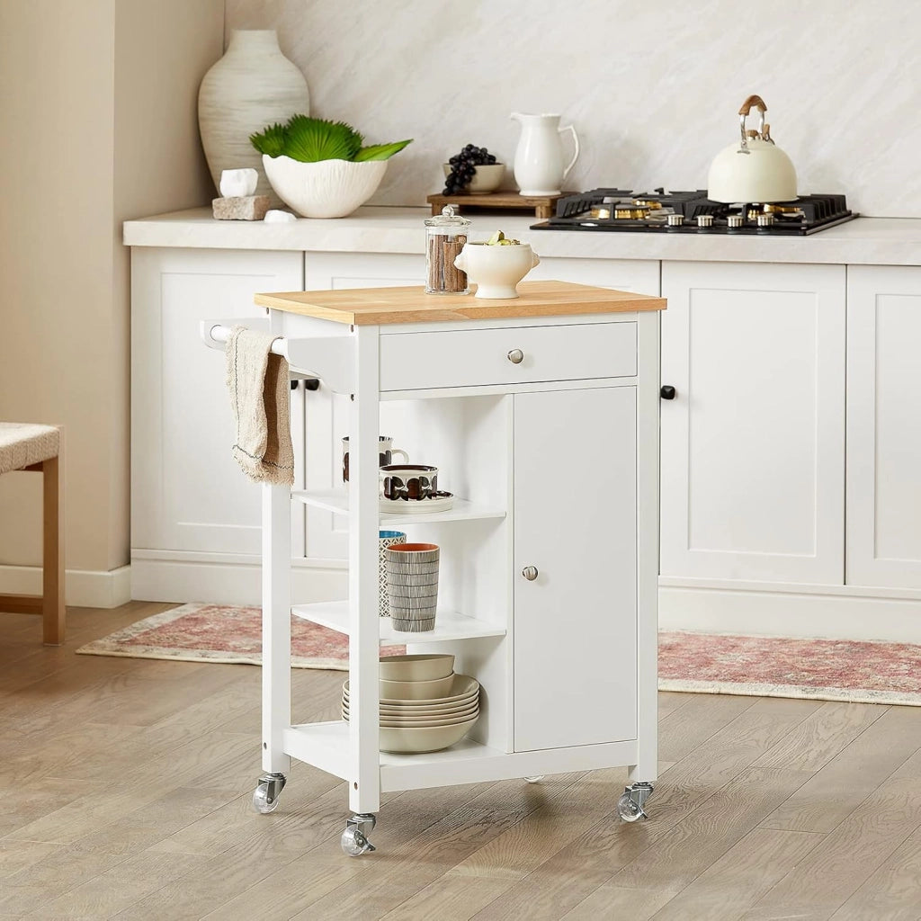 Carrello cucina con cassetti Credenza cucina con ruote moderno Mobiletto cucina salvaspazio piano lavoro in legno L68*P40*A86 cm bianco FKW46-WN