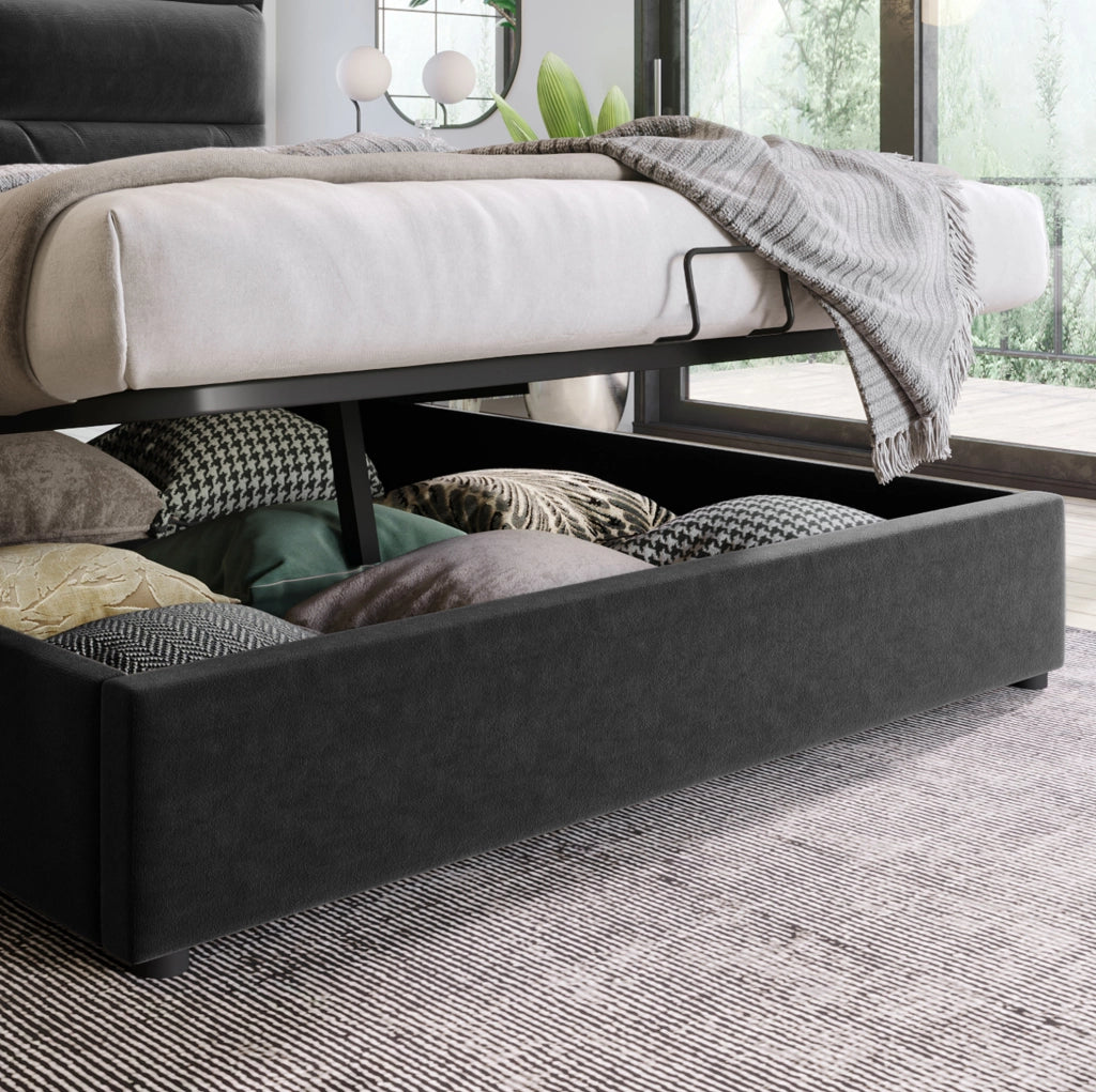 Letto matrimoniale imbottito 140x200 cm in velluto nero con testiera regolabile e contenitore