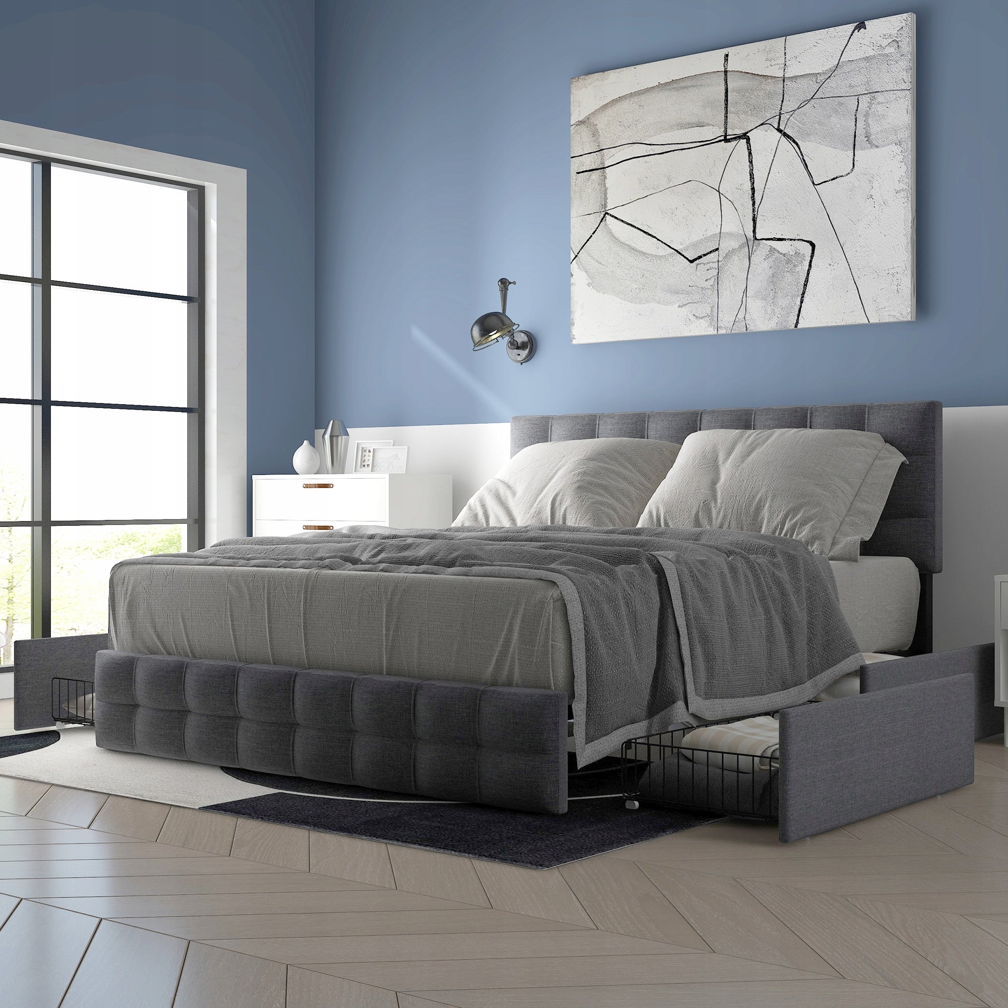 Letto con testiera regolabile e 4 cassetti - Xylo - 140x200 - Grigio