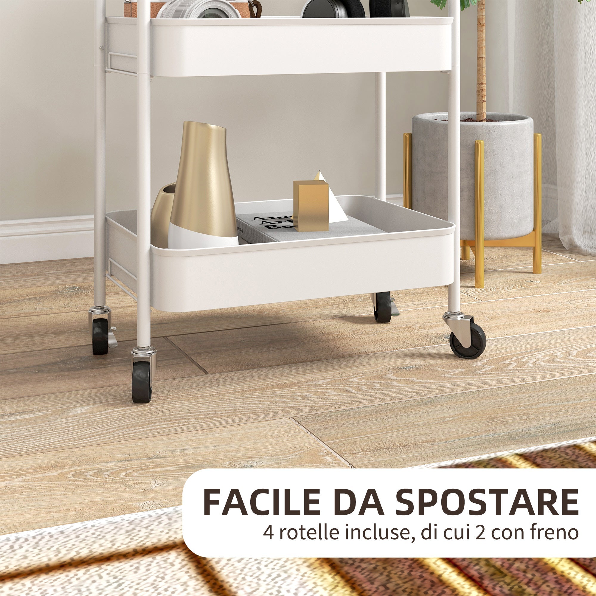 Carrello da Cucina a 3 Livelli con Maniglie e 4 Rotelle 45x30,6x79 cm in Acciaio Bianco