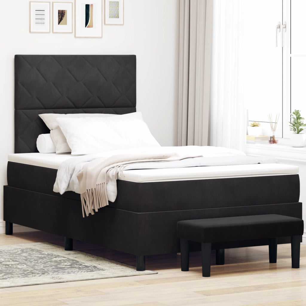 Letto con box spring e materasso + panchina nera 120x200 cm in velluto