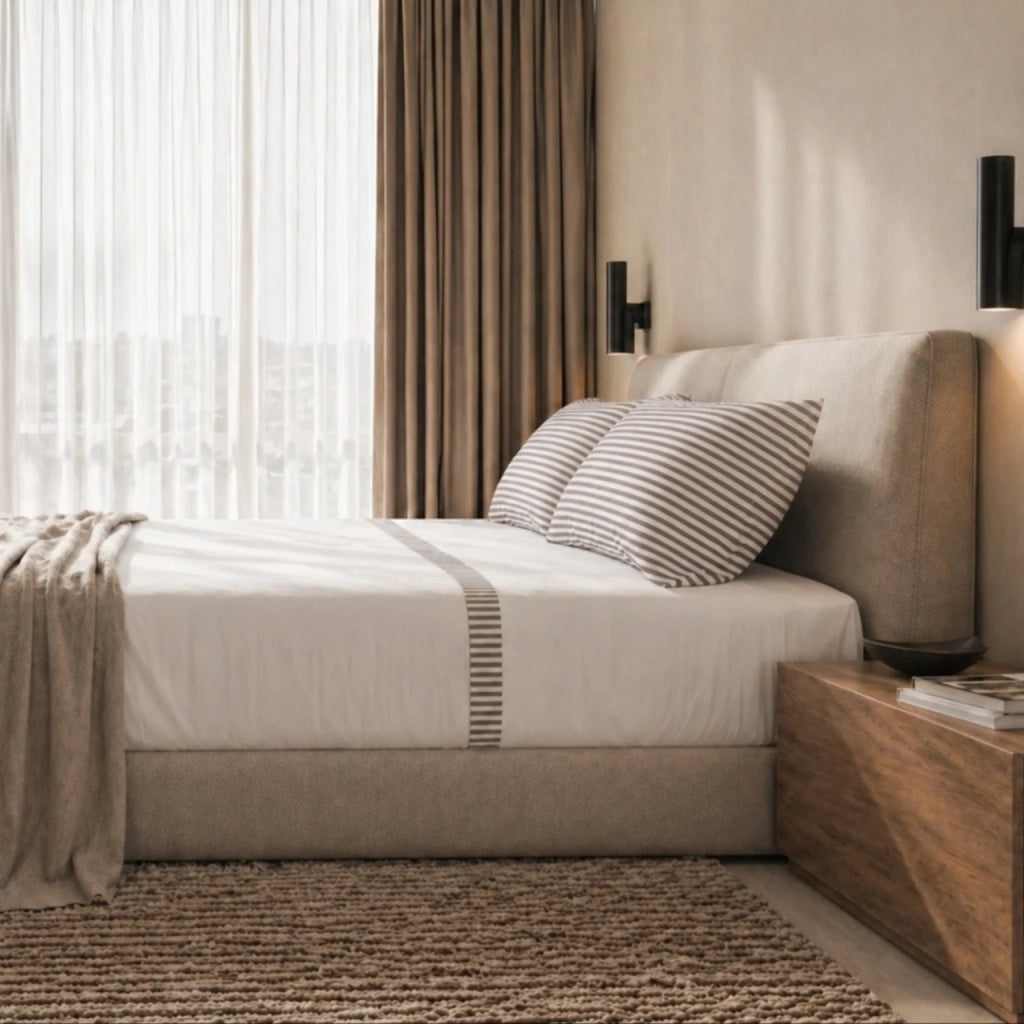 Set Lenzuola Letto Una Piazza e Mezza in Puro Cotone | Completo Letto 1 Piazza e Mezza | Lenzuolo con angoli, Lenzuolo Piano e 1 Federa | Lenzuola in Cotone con Balza a Righe Tortora