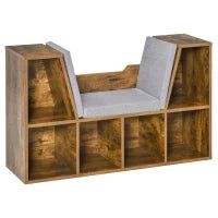 Libreria panca 2 in 1 con cuscini per seduta, scaffale a cubo, 6 scomparti aperti, 102 x 30 x 61 cm, Marrone
