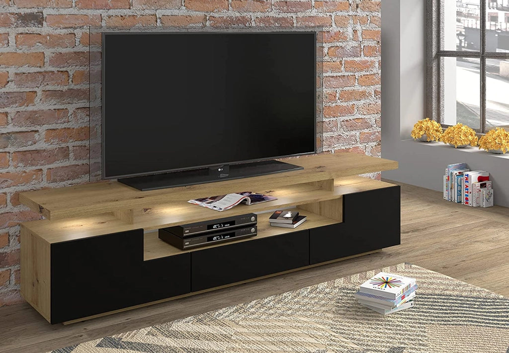 Mobile TV con LED integrati EVA 180 colore Rovere con frontali Nero opaco 180x42x51H Cm