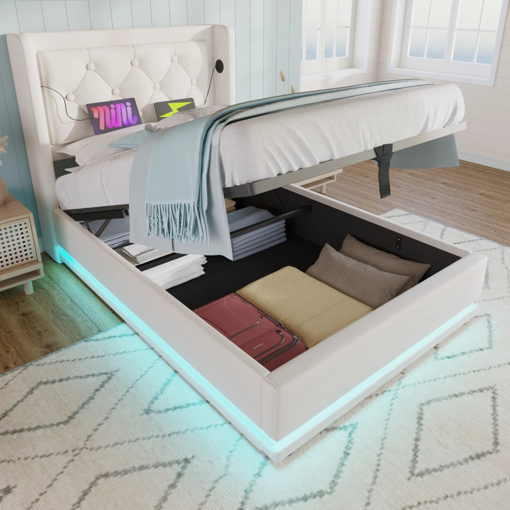 Letto Contenitore 90x200 cm; Letto Singolo con USB; Type-C e LED Regolabile - Bianco